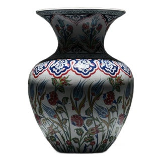 Handmade Ceramic Grand Vase (50cm) Ottoman Garden Red Roses and Scalloped Border Floor Vase For Sale