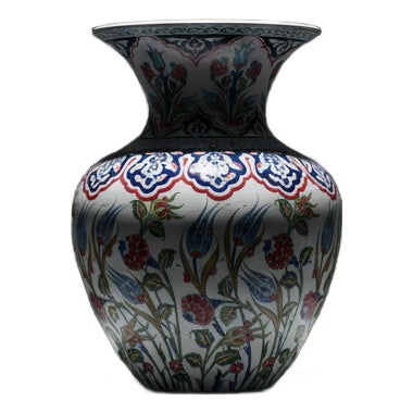Handmade Ceramic Grand Vase (50cm) Ottoman Garden Red Roses and Scalloped Border Floor Vase For Sale