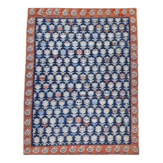 Vintage Kurdish Kilim Rug, Hand-Woven All-Over Paisley Pattern, Blue & Brick, 6x9 For Sale