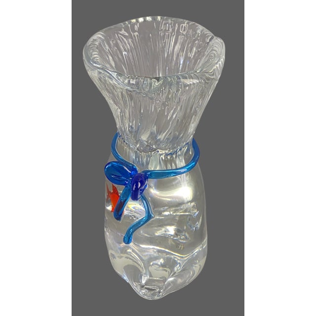 Murano Vintage Murano Fish Inside Bag Blue Ribbon Art Glass Paperweight Trinket Holder Desk Art Original Label For Sale - Image 4 of 11
