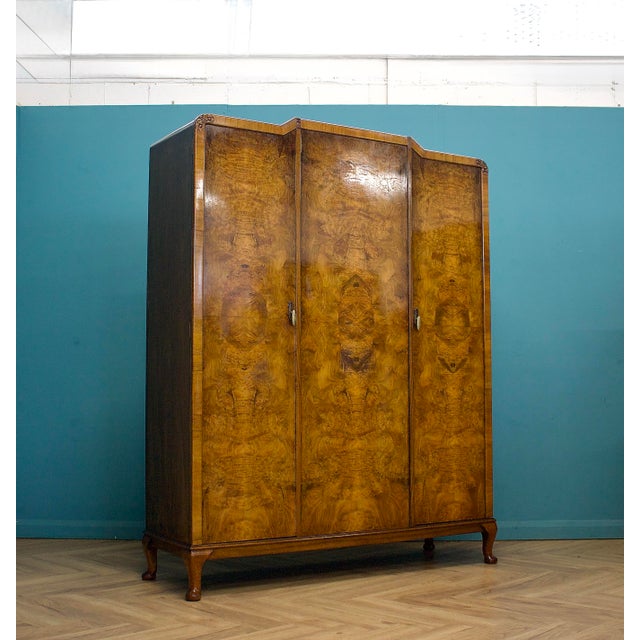 Vintage Art Deco Burr Walnut Triple Door Wardrobe, 1930s For Sale - Image 4 of 15