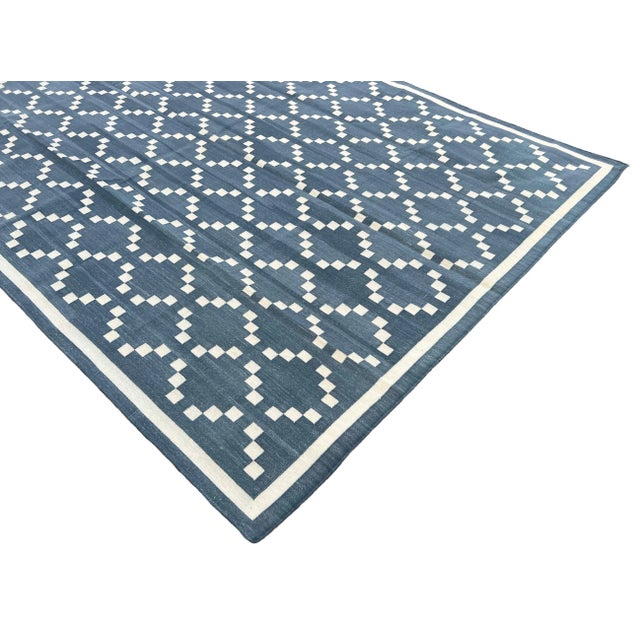 Handmade Cotton Rug, Contemporary Slate Gray & Cream Diamond Pattern Dhurrie - 6'x9' For Sale - Image 6 of 11