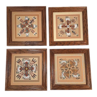 Mid 20th Century Navajo Sand Painting Art Set Framed Matted 7” Each Set of 4 For Sale