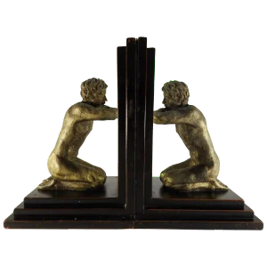 Mid-20th Century Kneeling Men on Wooden Bookends With Mirrors