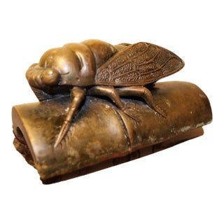 Late 19th Century Japanese Bronze Cicada on Bamboo Calligrapher's Scroll Weight (Meiji Period) For Sale