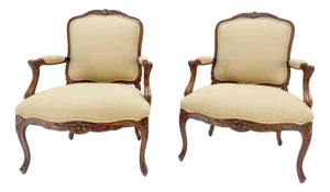 Pair of Fine Carved Country French Louis XV Fauteuils Arm Fireside Chairs