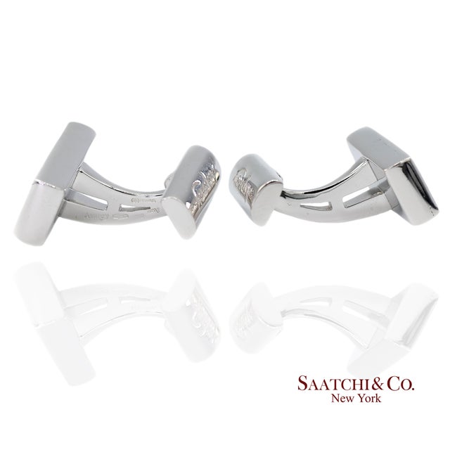 Contemporary Asprey London 18k(750) Solid White Gold Classic Rectangular Crosshatch Cufflinks, A Pair For Sale - Image 3 of 12
