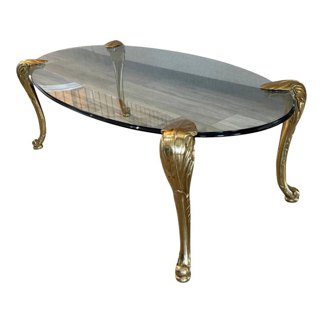 Mid 20th Century Hollywood Regency Sculptural Solid Fern Frond Brass Glass Top Coffee Table Attributed to p.e. Guerin For Sale
