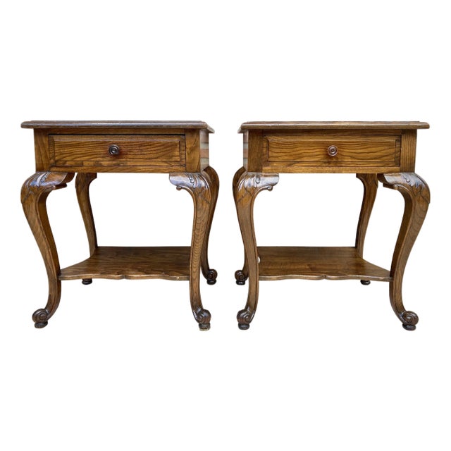 French Louis XV Style Walnut Bedside Tables with Drawer and Open Shelf, 1930s, A Pair For Sale