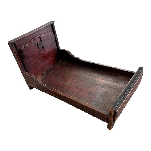 Wooden Doll Bed, Late 19th Century Handmade Antique Cabinet Primitive For Sale