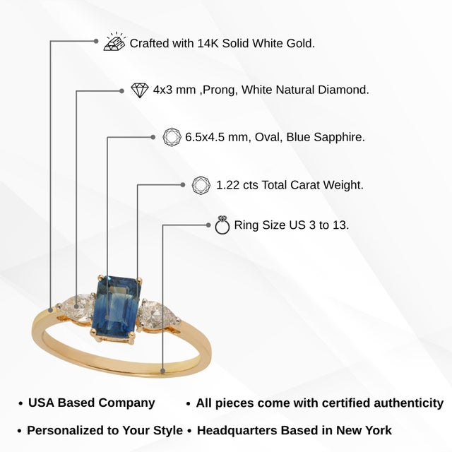 14k Gold 1.22ct Octagon Blue Sapphire & Pear Diamonds Three Stone Ring Size 4 For Sale - Image 13 of 18