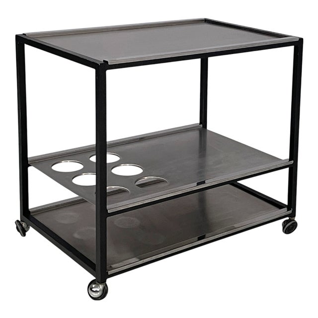 Italian Modern Cart with Bottle Holder in Steel and Black Metal, 1980s For Sale