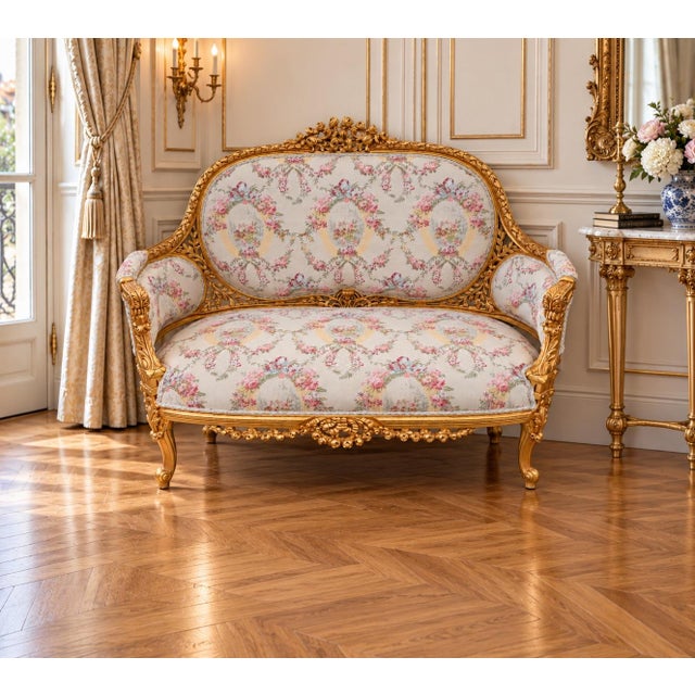 Gold 1970 French Artisan Louis XVI Gold Damask Settee For Sale - Image 8 of 13