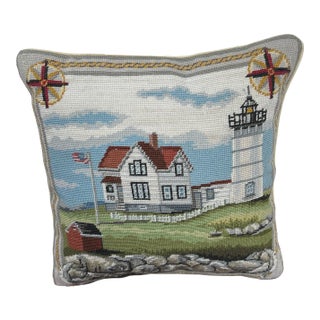 1990s Embroidered Needlepoint Pillow by Katha Diddel “Lighthouses Cape Neddick, Me” For Sale