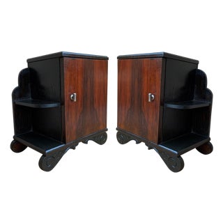 Early 20th Century Pair of Art Deco Side Cabinets or Nightstands with Ebonized Base and Burl Walnut For Sale