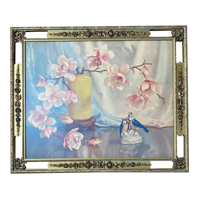Vintage Framed “Magnolias” Lithograph by Frans Oerder — Morris & Bendien Ny Floral Still Life Reproduction For Sale