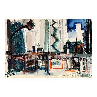 1951 Robert Colborne New York Elevated Train Watercolor For Sale