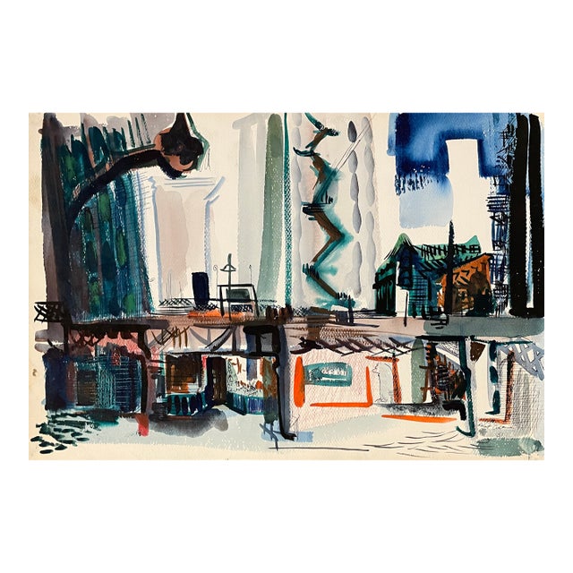 1951 Robert Colborne New York Elevated Train Watercolor For Sale