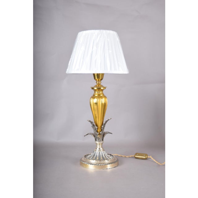 1960s Brass and Silver-Toned Table Lamp with Leaf Base and Pleated Shade, 1960s For Sale - Image 5 of 15
