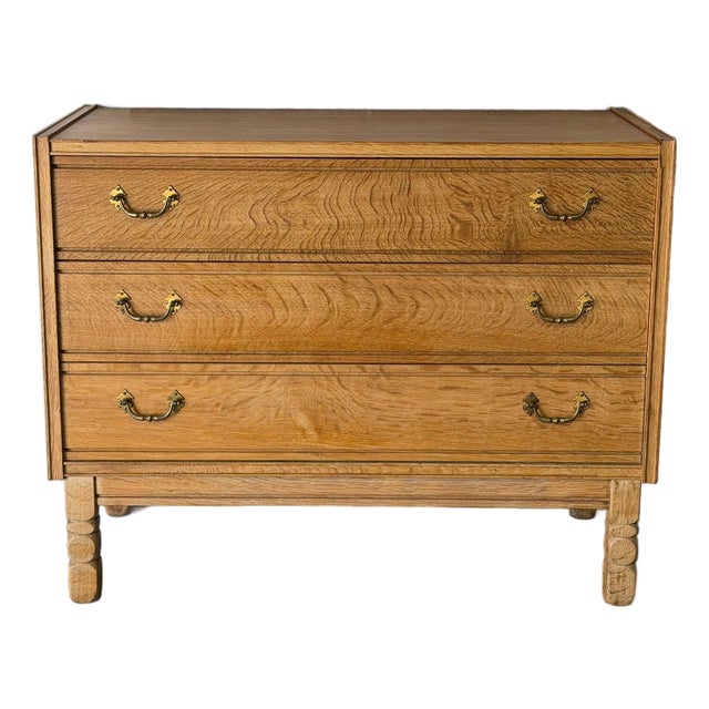 Oak 3 Drawer Dresser Chest With Brass Pulls Mid-Century Modern 1960s For Sale