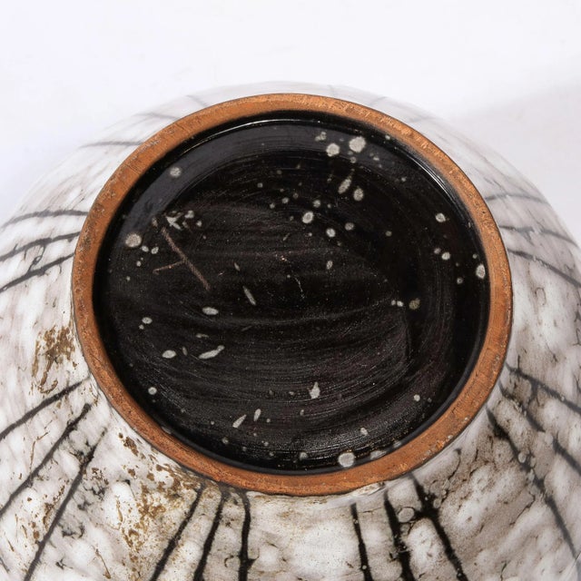 Mid-Century Modernist White and Earth Toned Ceramic Vase With Bowed Line Work For Sale - Image 9 of 13