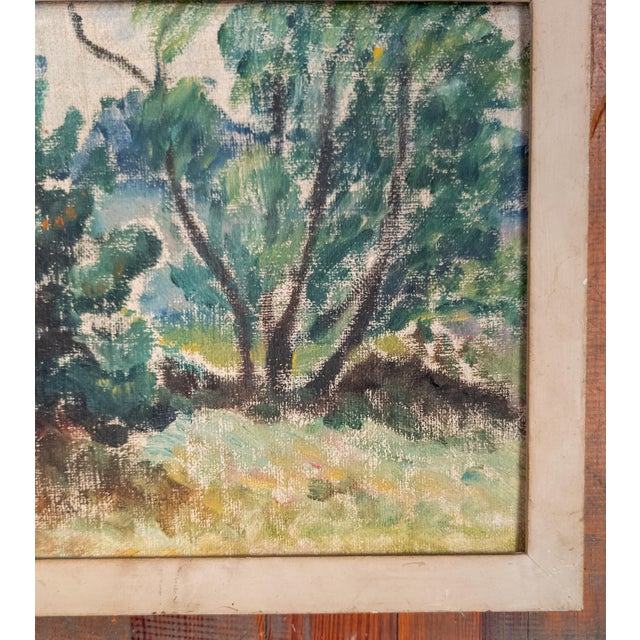 Textile Early 20th Century American Post-Impressionist Oil Painting of Trees, New York City Label For Sale - Image 7 of 12