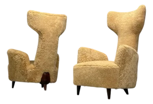 Renzo Zavanella, Honey Sheepskin, Wood, Lounge Chairs, Italy, 1950s - Set of 2