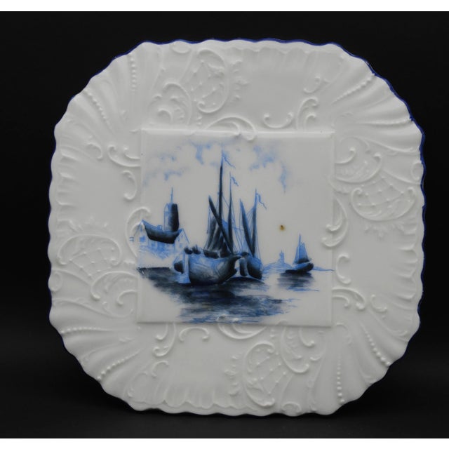 White Vintage Hand Painted Blue & White Delft Style Nautical Maritime Faience Plate For Sale - Image 8 of 8