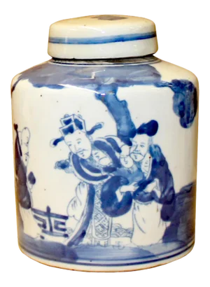 Chinese Blue White Ceramic 3 Gods Graphic Container Urn Jar