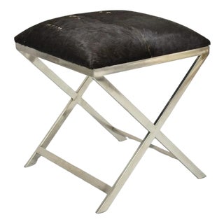 Late 20th Century Modern Chrome Frame X-Form Metal Curule Stool With Cowhide Upholstery For Sale