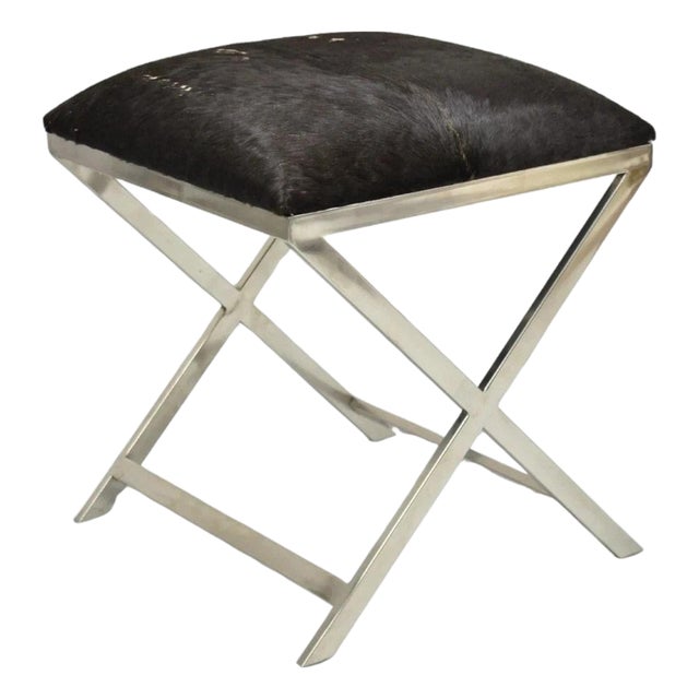Late 20th Century Modern Chrome Frame X-Form Metal Curule Stool With Cowhide Upholstery For Sale