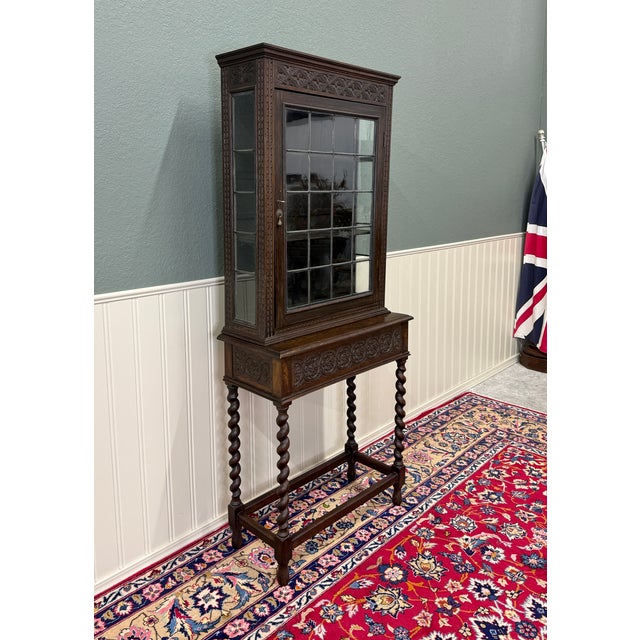 Antique English Oak Jacobean Revival Barley Twist Bookcase Display Cabinet 1900s For Sale - Image 16 of 18