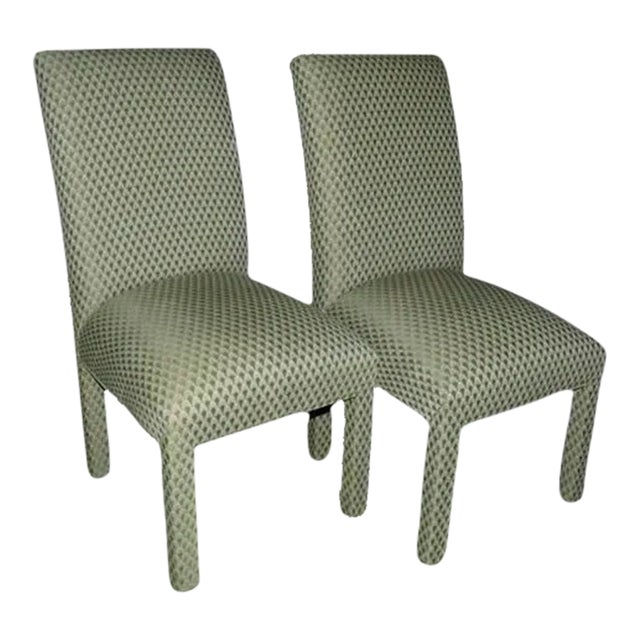 1970s Dining Chairs Fully Upholstered in Sage Green Fish Scales Print Fabric - a Pair For Sale