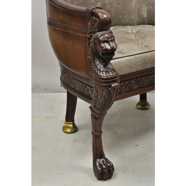 Traditional Late 20th Century Baker Stately Homes Regency Style Grey Leather Lions Head Pull Up Tub Club Chair For Sale - Image 3 of 12