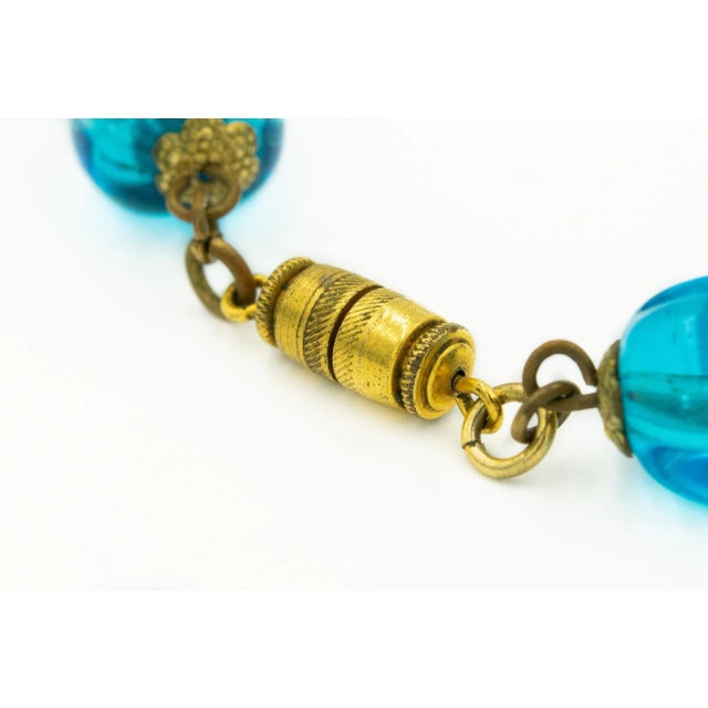 Mid 20th Century French Organic Blue Glass Bead and Crystal Gilt Leaf Necklace For Sale - Image 5 of 7