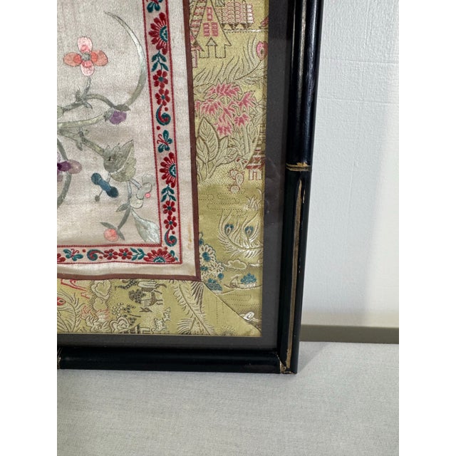 Asian Chinoiserie Framed Faux Bamboo Embroidery Silk Textile Art For Sale In Houston - Image 6 of 12