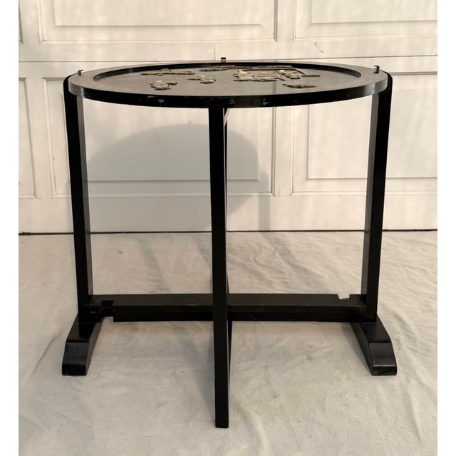 Wood Vintage Asian Black Lacquer Folding Tray Table With Applied Carved Stone Figural Scene For Sale - Image 7 of 12