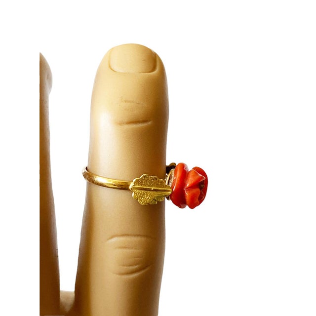 Metal Vintage 18Kt Gold/ Coral Set of Earrings and Ring Size 4 For Sale - Image 7 of 9
