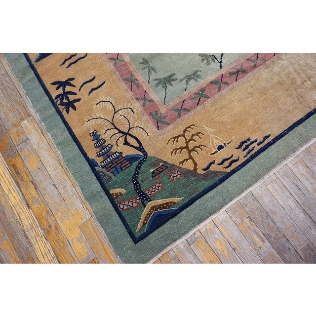 1920s Sky Blue Classical Pictorial Antique Chinese Peking Knotted Wool Rug For Sale - Image 10 of 12