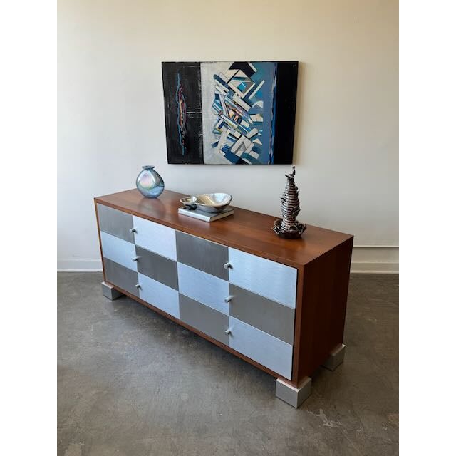 Wood 1980s Post Modern Mahogany & Aluminum 6 Drawer Dresser For Sale - Image 7 of 17