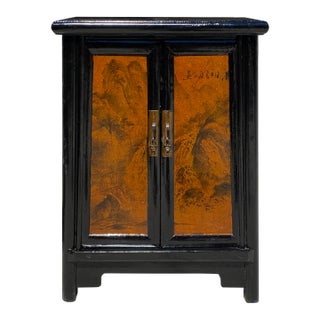 Chinese Distressed Black Yellow Scenery Graphic End Table Nightstand For Sale