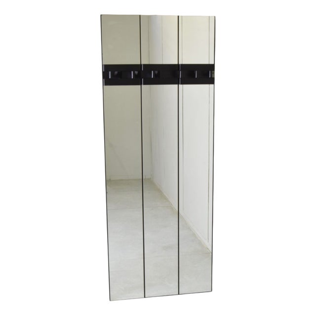 Italian Mirror Coat Rack on Three-Panel Glass and Black Lacquered Wood, 1980s For Sale