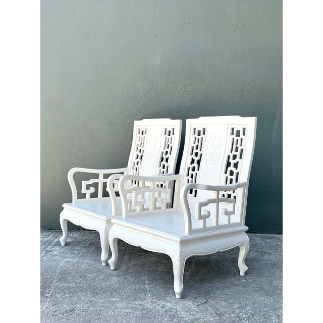 White Vintage Asian Chinoiserie Lacquered Lounge Chairs - A Pair For Sale - Image 8 of 12