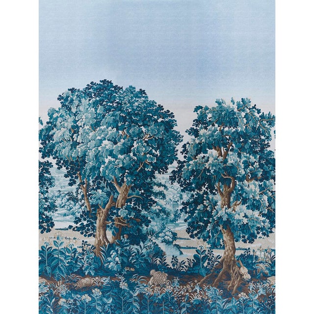 SAMPLE - Schumacher X Johnson Hartig La Forêt 3 Panel Set In Antique Blue Forest For Sale