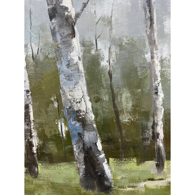 Green Birch Tree Impressionistic Landscape Original Oil Painting For Sale - Image 8 of 11