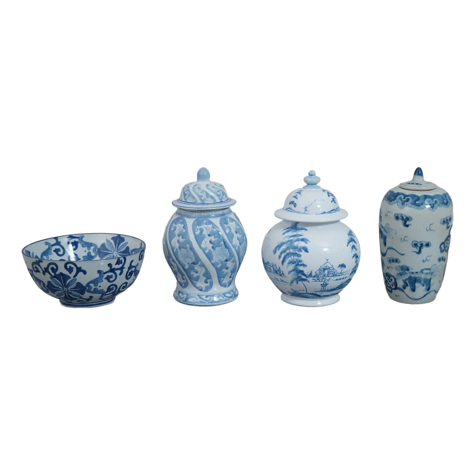 Set of 4 Piece Blue & White Porcelain Canton Ware | Chairish