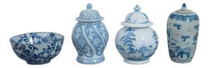 Set of 4 Piece Blue & White Porcelain Canton Ware