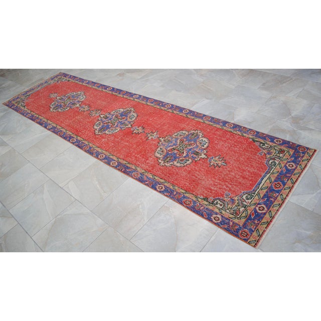 Traditional Ottoman Design Distressed Oushak Runner Rug Faded Colors Low Pile - 3'3″ X 12' For Sale - Image 9 of 15