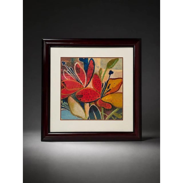 Large Framed Colorful Floral Abstract Wall Art For Sale - Image 4 of 4