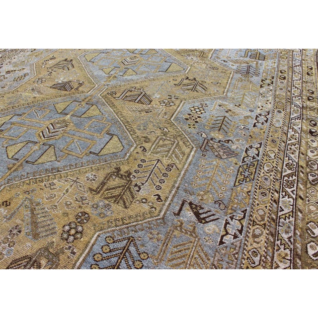 Textile Hand Knotted Vintage Persian Shiraz Rug Tri-Medallion Design in Lavender and Olive For Sale - Image 7 of 13